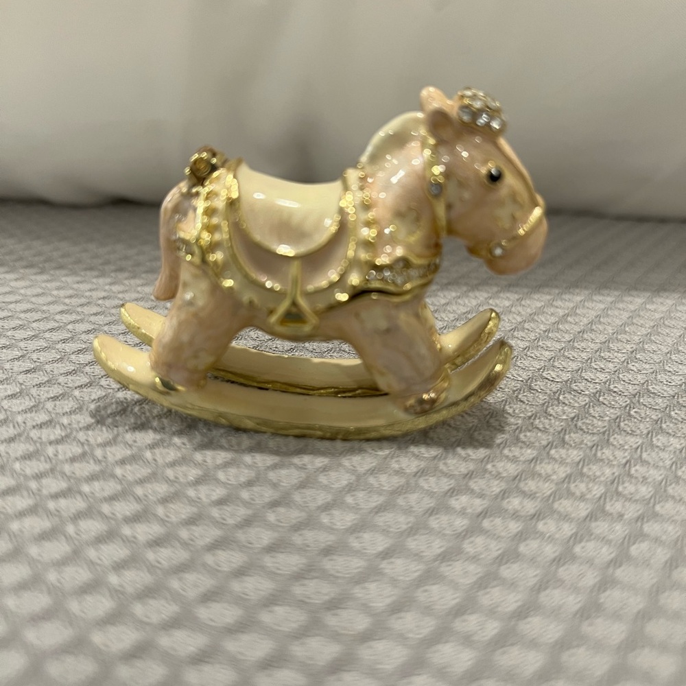 Pink Enamel and Gold Toned Rocking Horse Trinket Box